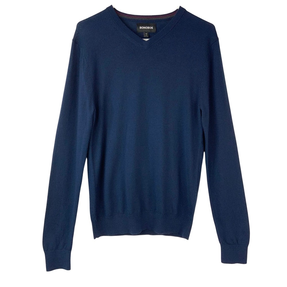Bonobos Navy Blue Merino Wool Sweater S Pullover V-Neck Long Sleeve Slim Fit